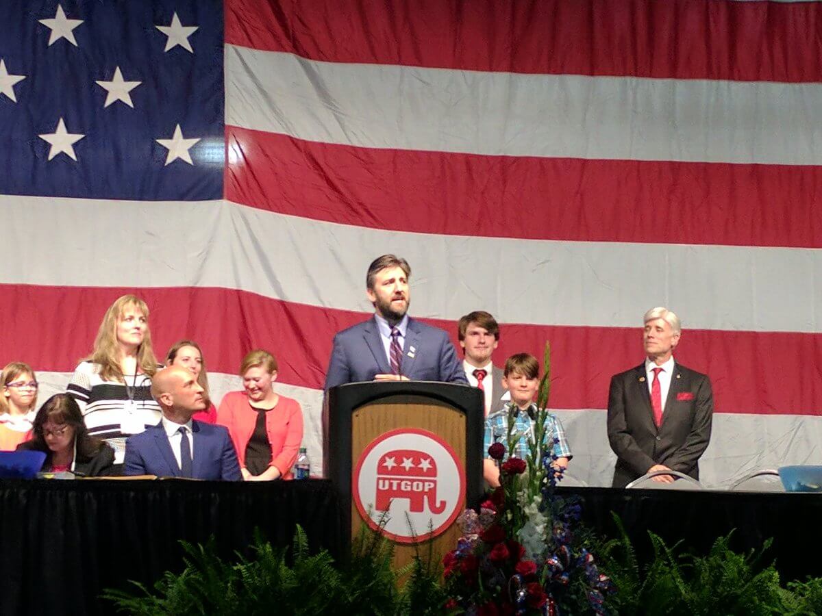 Joe Levi addresses the State Delegates of the Utah Republican Party at the 2017 Organizing Convention
