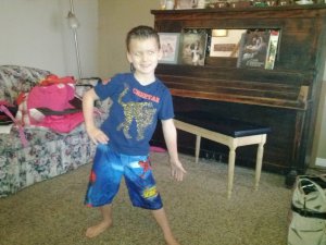 Spencer in a swim suit in January